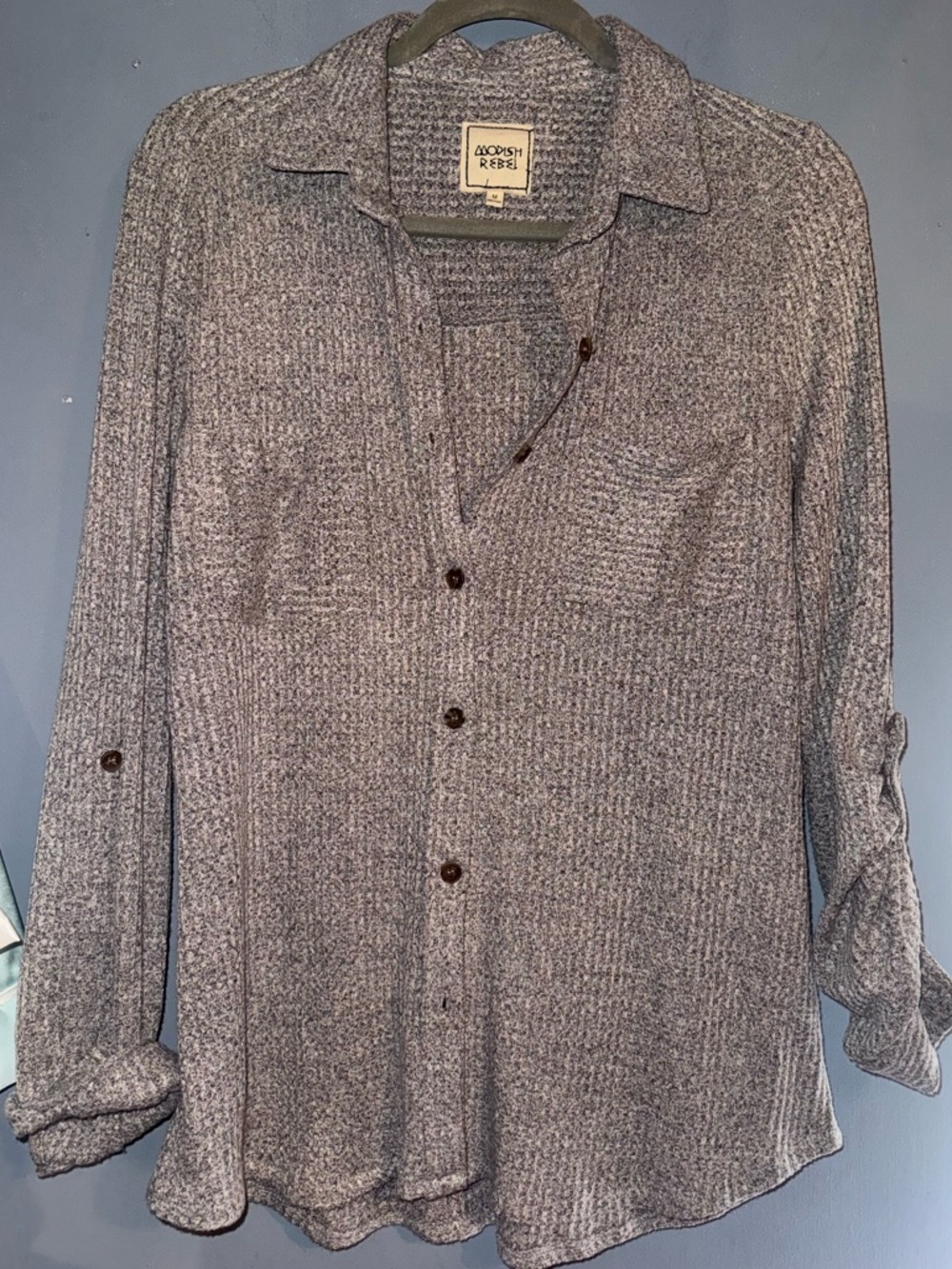 Modish Rebel Gray Waffle Knit Button Front Top Size M Casual Lightweight